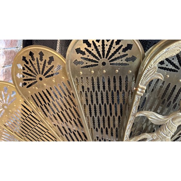 XL Vintage Art Deco Fireplace Screen Brass Ornate Peacock Folding Fan Rare 47" W - Picture 6 of 11